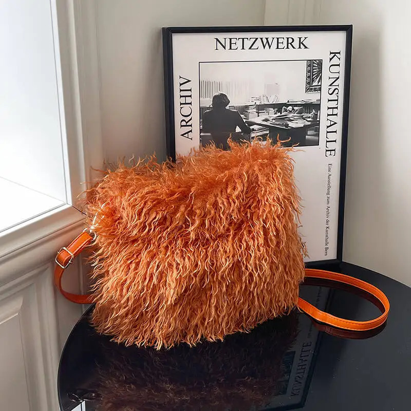 Faux Fur Square Shoulder Crossbody Bag for Women Handbag Fluffy Plush Soft Casual Clutch Fall Purse Hobo Adjustable small 260208