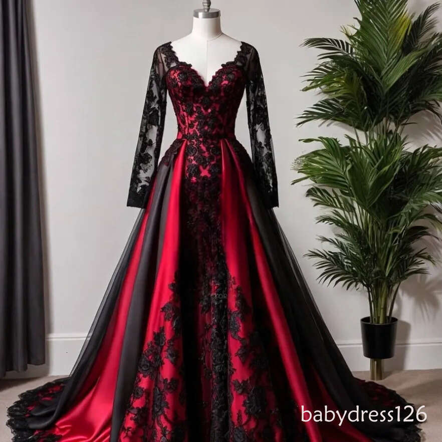 Gothic Black And Red Wedding Dresses Long Sleeves Lace Appliques A-Line V-Neck Vintage Bridal Gown Pleats Elegant Bride Dress 2025 Vestido O23