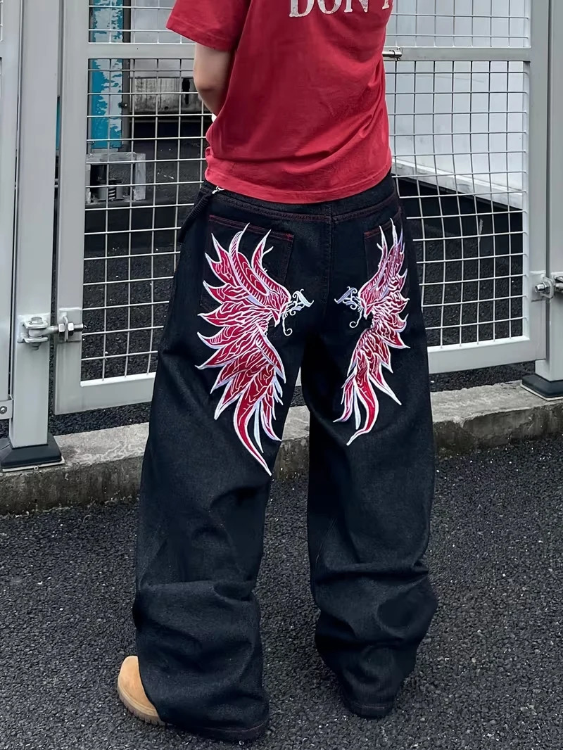 Y2K Grunge Black Washed Jeans Men Red Phoenix Wing Print Baggy Wide Leg Streetwear Denim Pants 260208