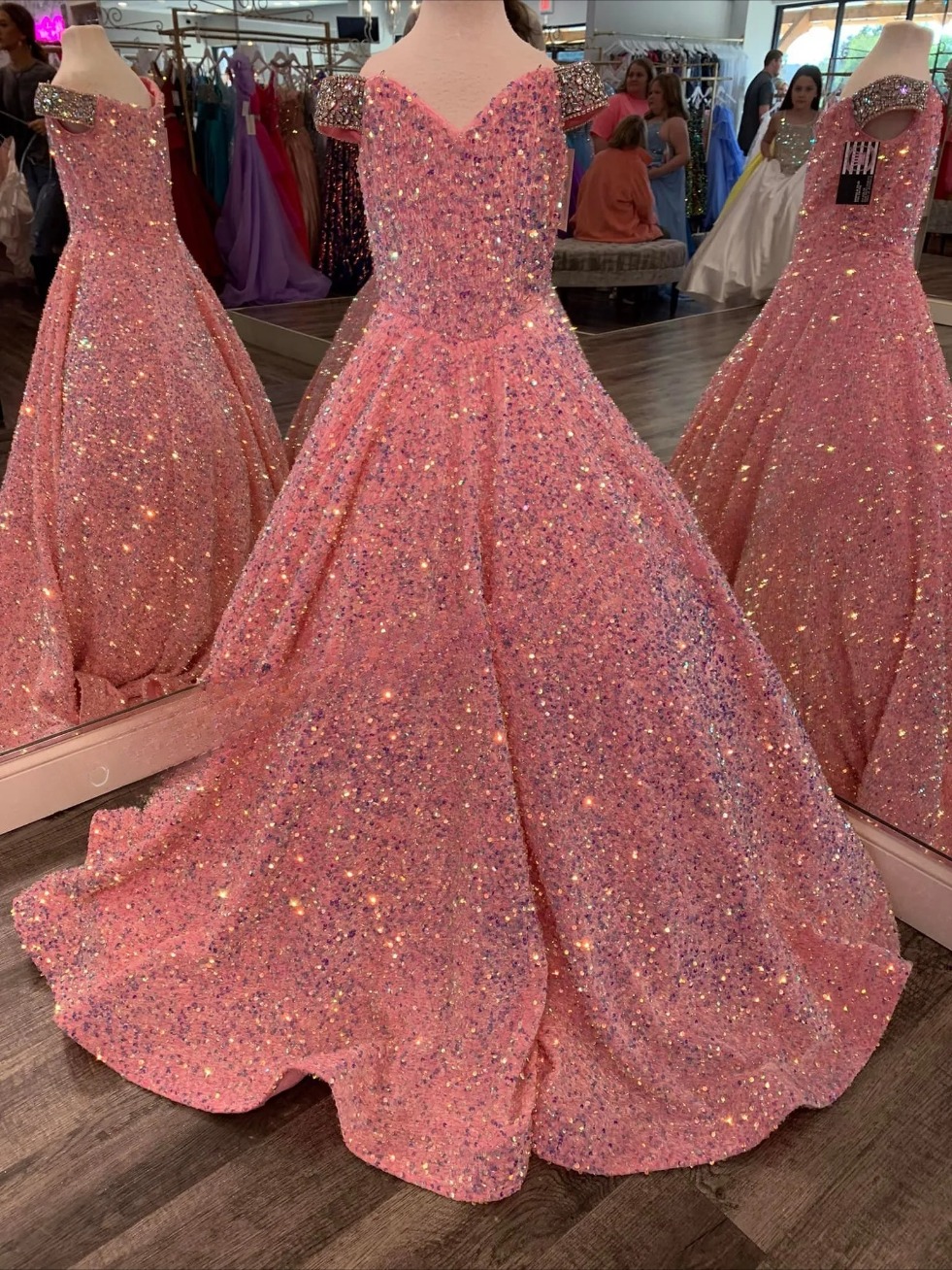 Iridescent Girl Pageant Dress Velvet Sequin Beading Off-Shoulder little Kid Birthday Formal Party Gown A-Line Toddler Teens Preteen Floor-Length Pink 