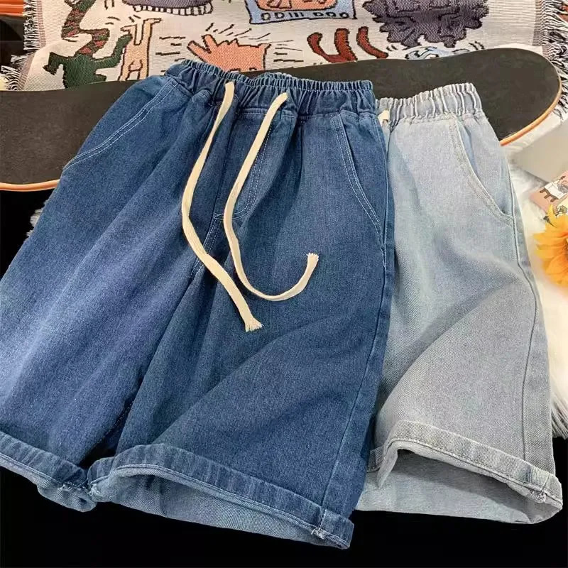 Spring Summer Mens Denim Shorts Solid Color Straight Five Points Fashion Trend Middle Waist Casual Short Pants 260208