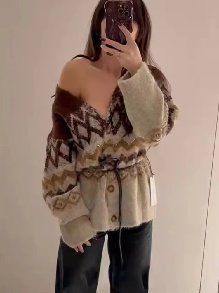 Women Knitted Midi Skirts Two Piece Sets Fashion Jacquard Belt Knit Cardigan Womens Suits Autumn Winter Woman Outfits 250203