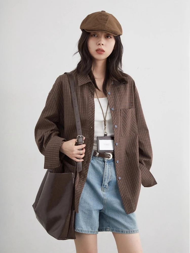 CHIC VEN Women Shirt Loose Casual Single-breasted Retro Contrast Plaid Embroidered Blouses Female Top Autumn Winter 260207