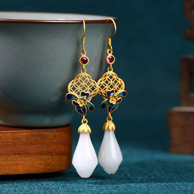 Earrings Traditional Chinese Enamel with Retro Flower Shaped Jade Pendant Gold Plated for Cultural Festival and Wedding Jewellery Gift High Quality Te