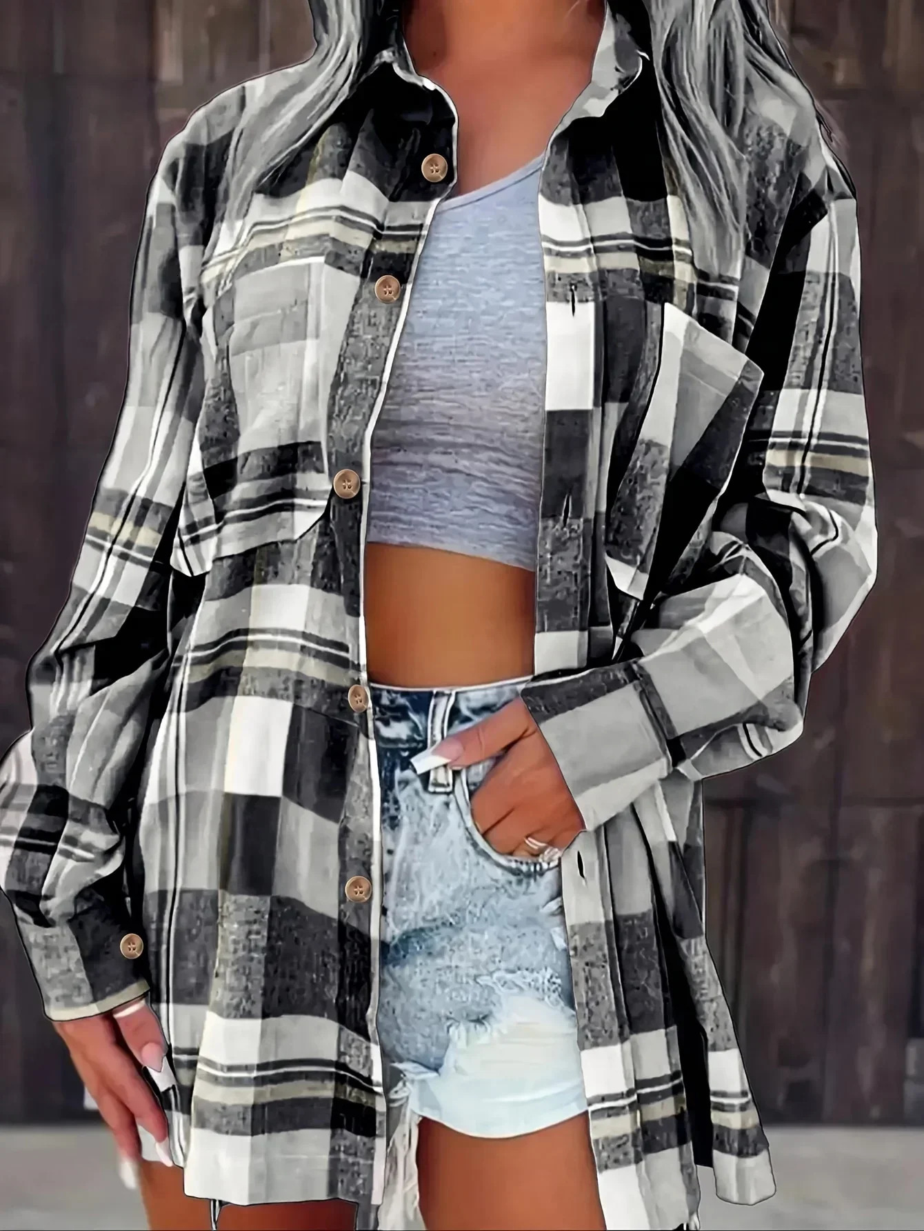 Women Plus Size Fashion Plaid Printed Shirt Casual Loose Long Sleeved Shirt Lapel Shirt Tops 260207