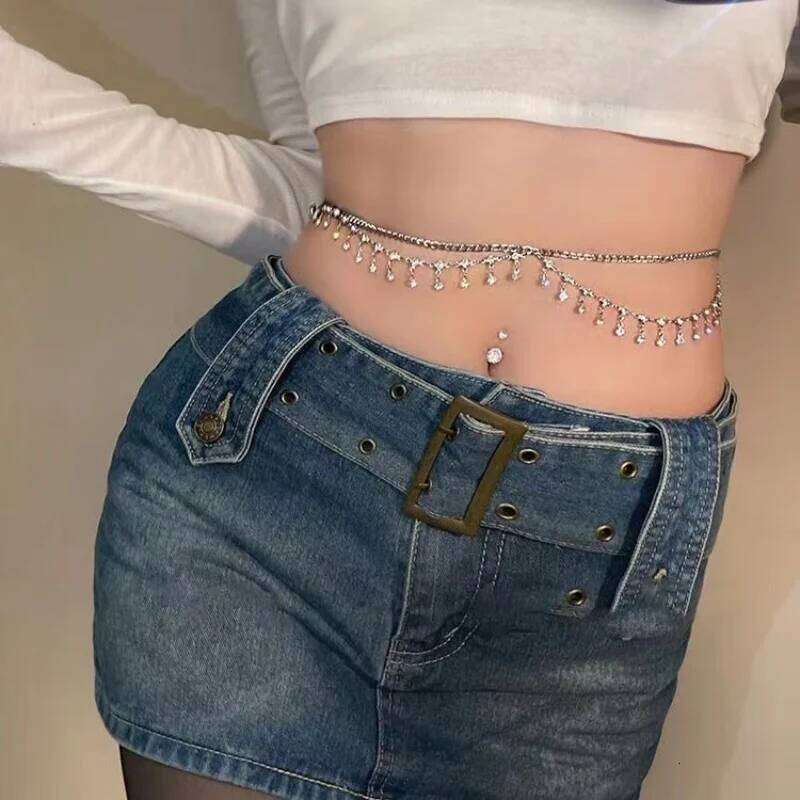 Double-layer rhinestone tassel metal waist accessories for women pure body chain internet celebrity same high-end necklace X260209