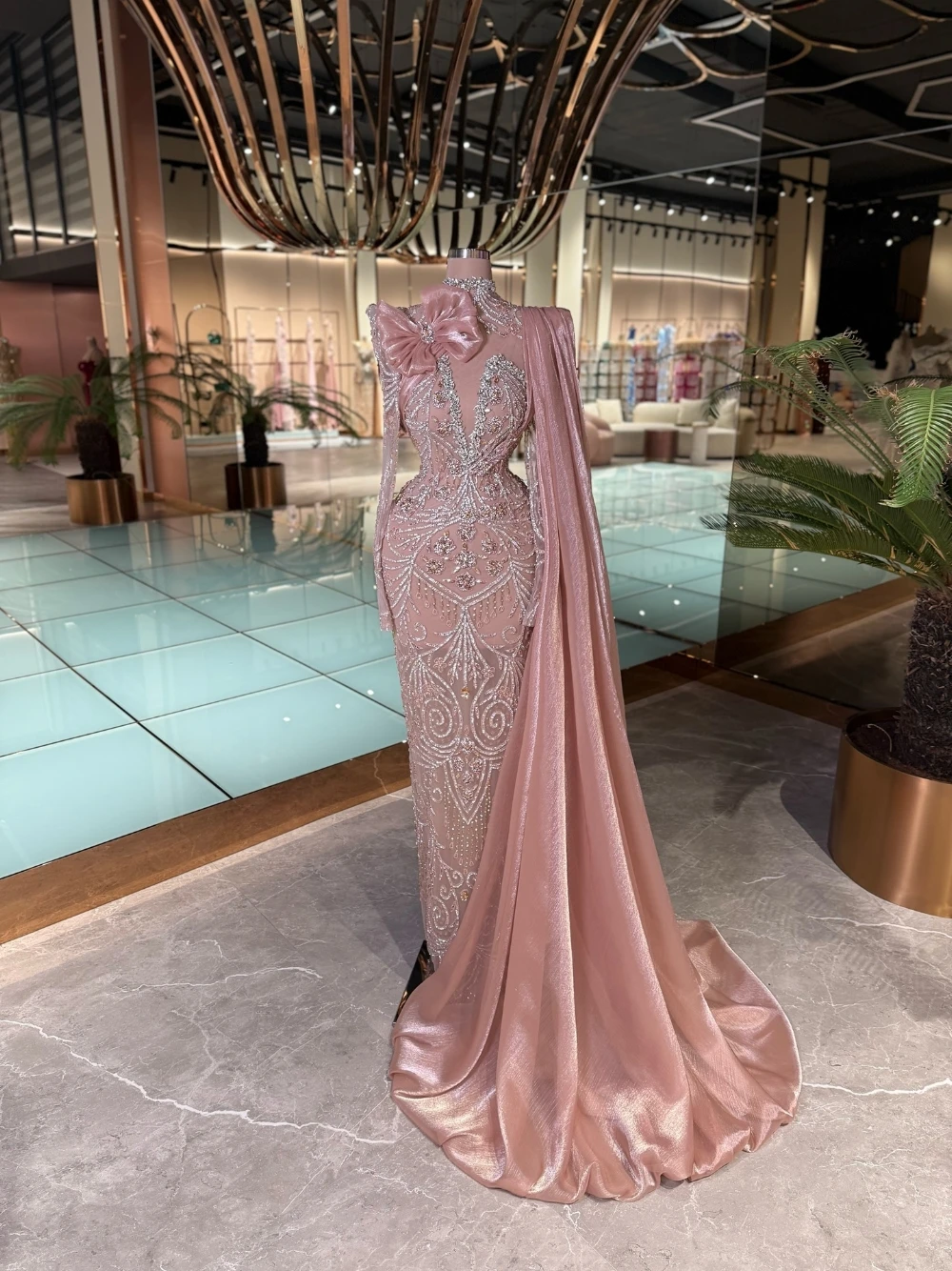 Princess Beaded Evening Dresses High Neck Long Sleeve Mermaid Prom Gowns Sequins Floor Length Celebrity Party Customized