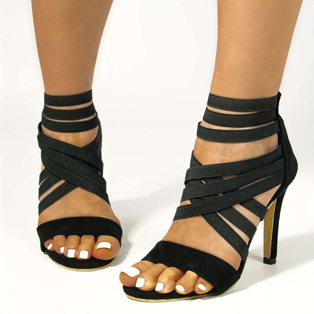 New Fashion Black High Heeled With Elastic Bands Featuring Hollow Designs A Inch Heel Perfect For Summer These Stylish Ankle Boots Are Versatile And C