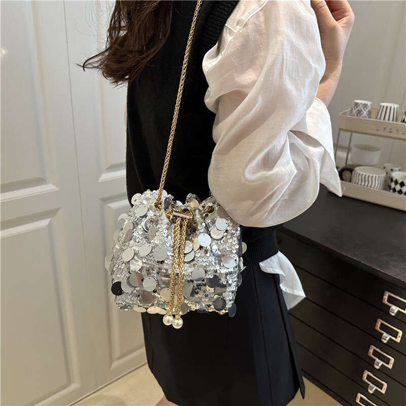 Sequin Trendy Personality Stylish Large Capacity Chain Summer Drawstring Crossbody Shoulder Evening Handbag Bucket Bag