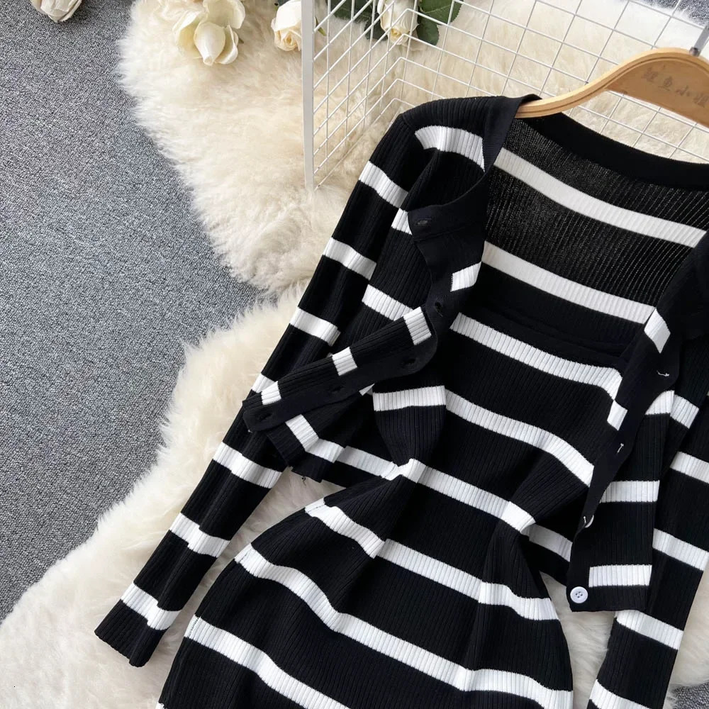 Korean Sweet Hit Color Patchwork Striped Spaghetti Strap Dress and V Neck Long Sleeve Cardigans 2 Pieces Sets 260208