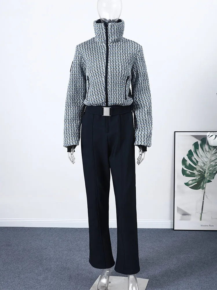 Elegant Print Thicken Ski Jumpsuit Women Chic Full Sleeve Stand Collar Zipper Belt Long Romper Fashion Warm High Waist Rompers 260126