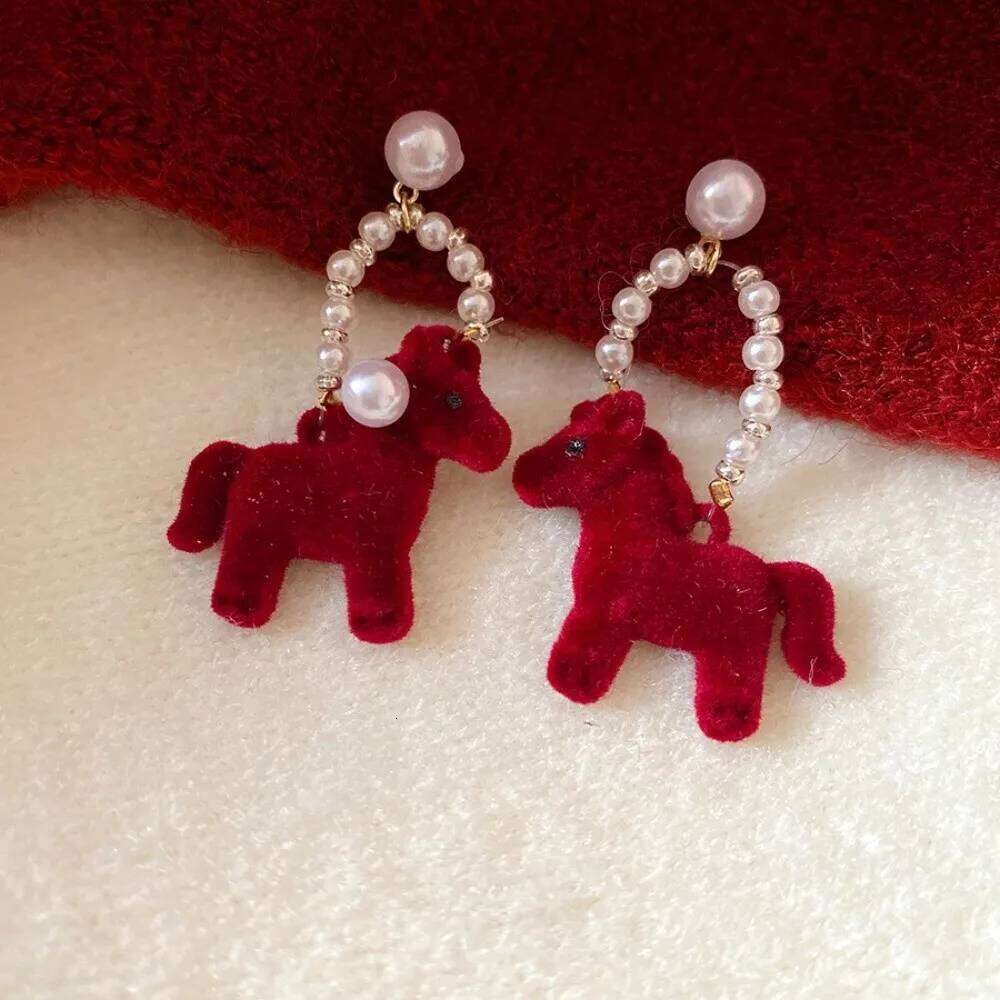 Earrings Cartoon Chinese New Year Style Flocked Horse Mascot with Red Pony and Pearl Drop for Festival Party Jewellery Gift High Quality Texture