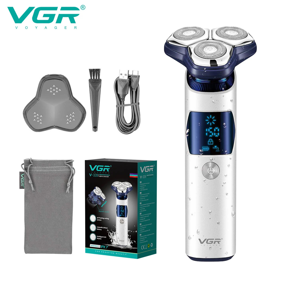 VGR 328 Mens Professional Shaver Metal Floating Three Blade Household Shaver LED Intelligent Digital Hair Trimming Machine 260126
