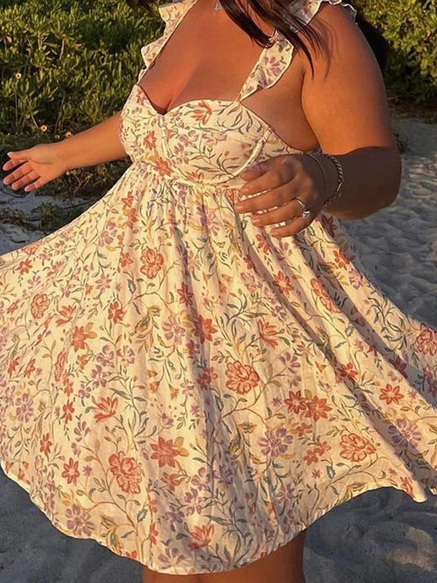 Women V-Neck Maxi Dress Sleeveless Ruffle Floral Print Boho Beach Dress Summer Casual Long Dress with Pockets 260118