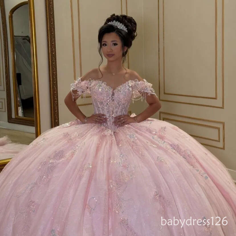 Pink Shiny Quinceanera Dresses Off The Shoulder Sequin Applique Lace Beads Bow Tull Party Birthday Sweet 16 Dress Vestidos 15 De N11