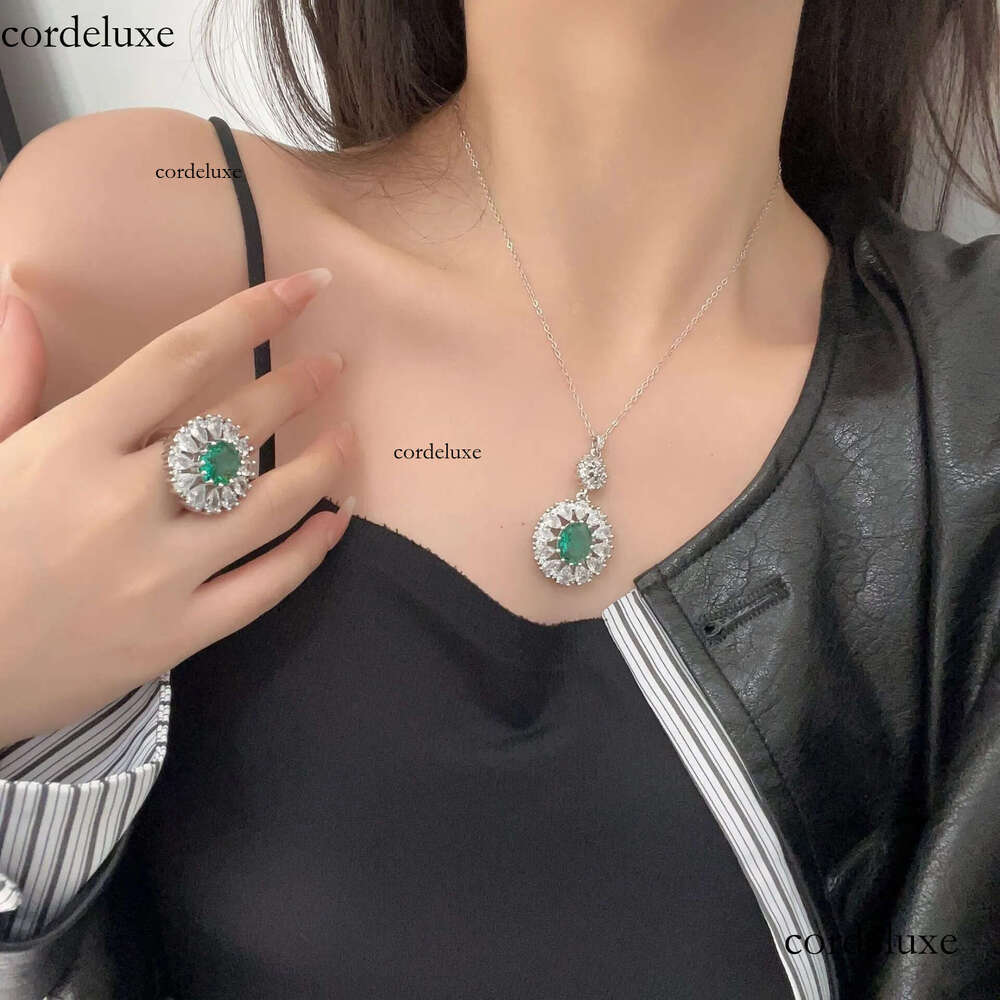 2024 Top Sell Wedding Sets Jewelry Sterling Sier Oval Cut Emerald Dia Cubic Zircon Open Ring Stud Earring Women Clavicel Necklace Gift 74