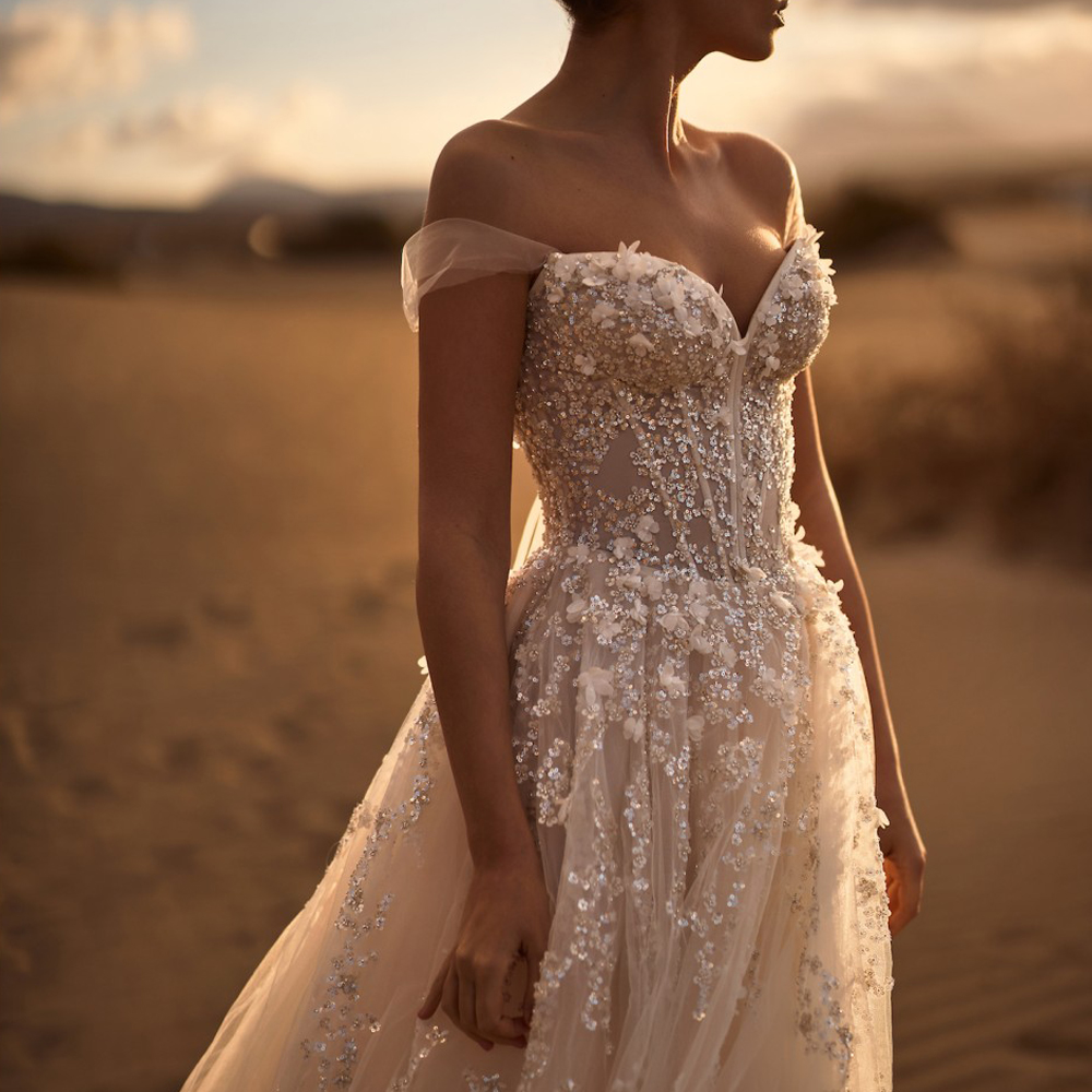 Customized Chic Lace Embroidery Wedding Dress with Split Off the Shoulder A Line Boho Bride Dresses Corset Vestidos de novia BC17264F09