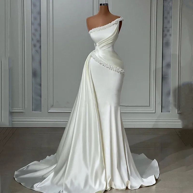 One Shoulder Mermaid Wedding Dresses Satin Beading Bridal Gowns Ruched Wedding Gowns Plus Size Vestido De Novia 0209