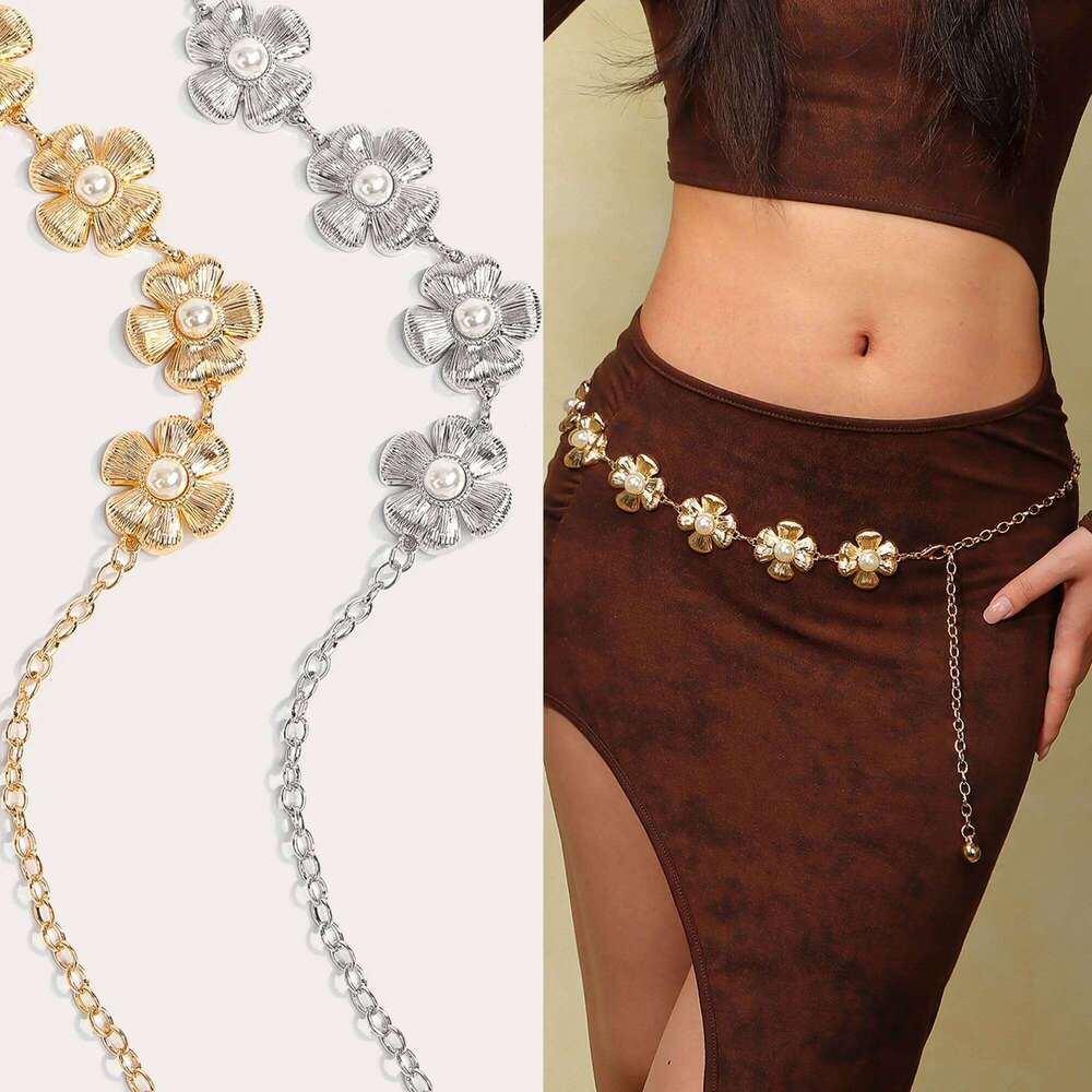 1pc Pearl Flower Metal Belt Women's Sweet Dress Waist Chain Versatile Accessory for Skirts And Dresses X260209