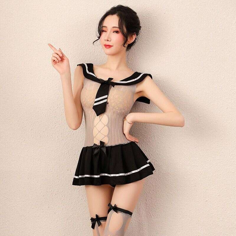 Sexy Sailor Style Sheer Bodysuit Women Transparent Mesh Top with Bow Tie & Mini Skirt, Perfect for Cosplay & Role Play