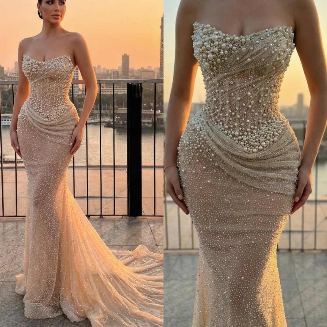 Classic Evening Dresses For Women Strapless Sleeveless Gown Beaded Sequins Sweep Train Dress Party Customized Dress