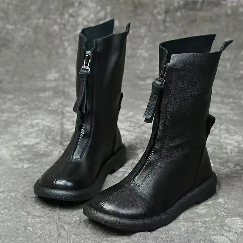 Autumn Winter Round Toe Flat FleeceLined Black Leather Ladies Mid Calf Shoes Fashion 2025 Trend Womens Half High Boots 260208