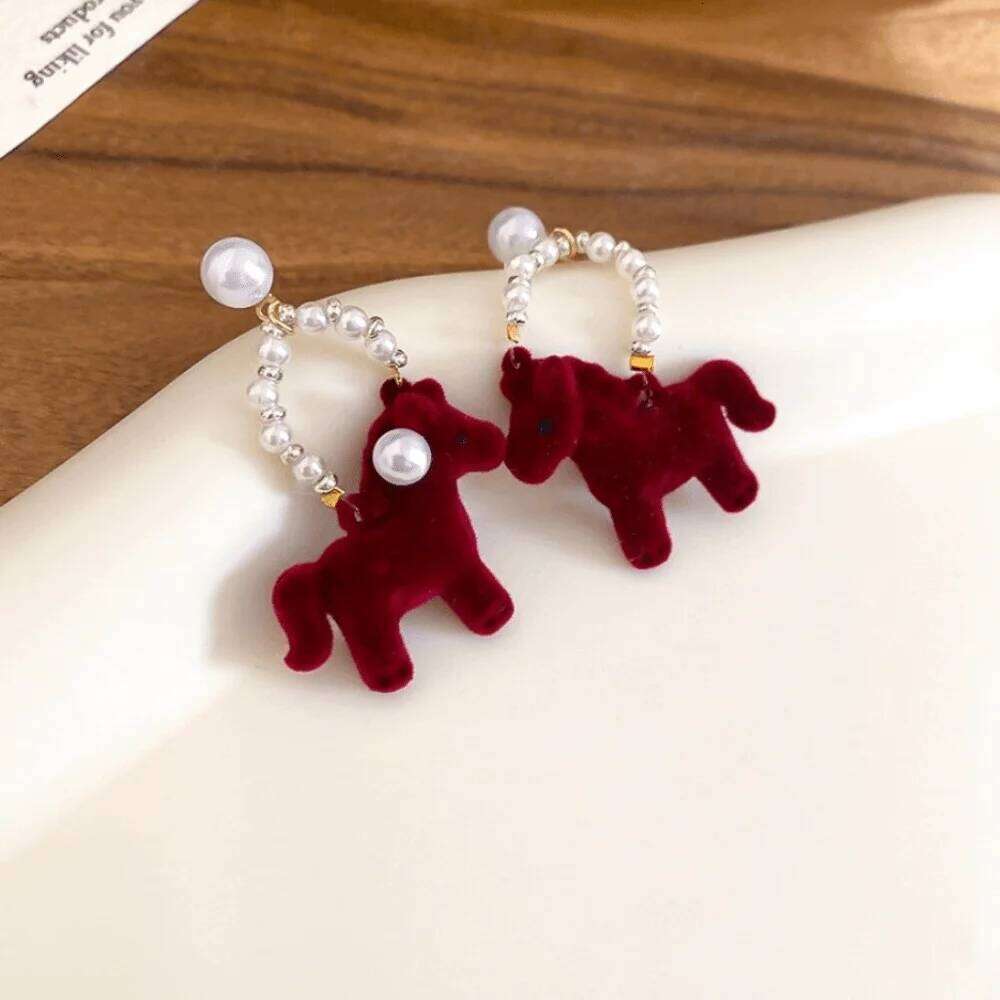 Earrings Cartoon Chinese New Year Style Flocked Horse Mascot with Red Pony and Pearl Drop for Festival Party Jewellery Gift High Quality Texture