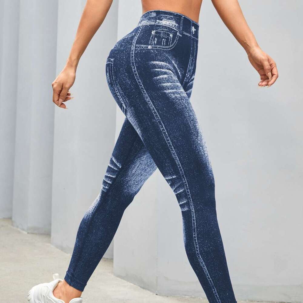 2026Hot-Selling Imitation Denim Seamless Yoga For Women, Back V-Waist, Hip-Lifting, Quick-Drying, Tight-Fitting Running Sports Fitness Long Pants WKER