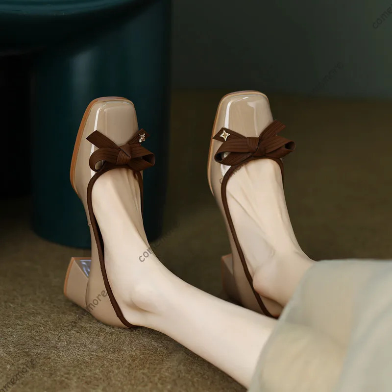 Comemore Women Casual Retro Bowknot Pumps Shoes Spring Autumn Fashion British Style Elegant Square Toe Thick Heeled Shoe 260208