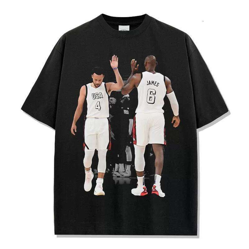 Team USA Dynamic Duo Graphic T-Shirt Oversized Crew Neck Moisture Wicking Retro Style Basketball Casual Outdoor Sports Wear X260209