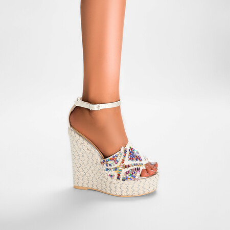 Chengdu Artisan Roman Gladiator Sandals Striking 14cm Platform Wedge with Crystals and Ankle Strap Nude