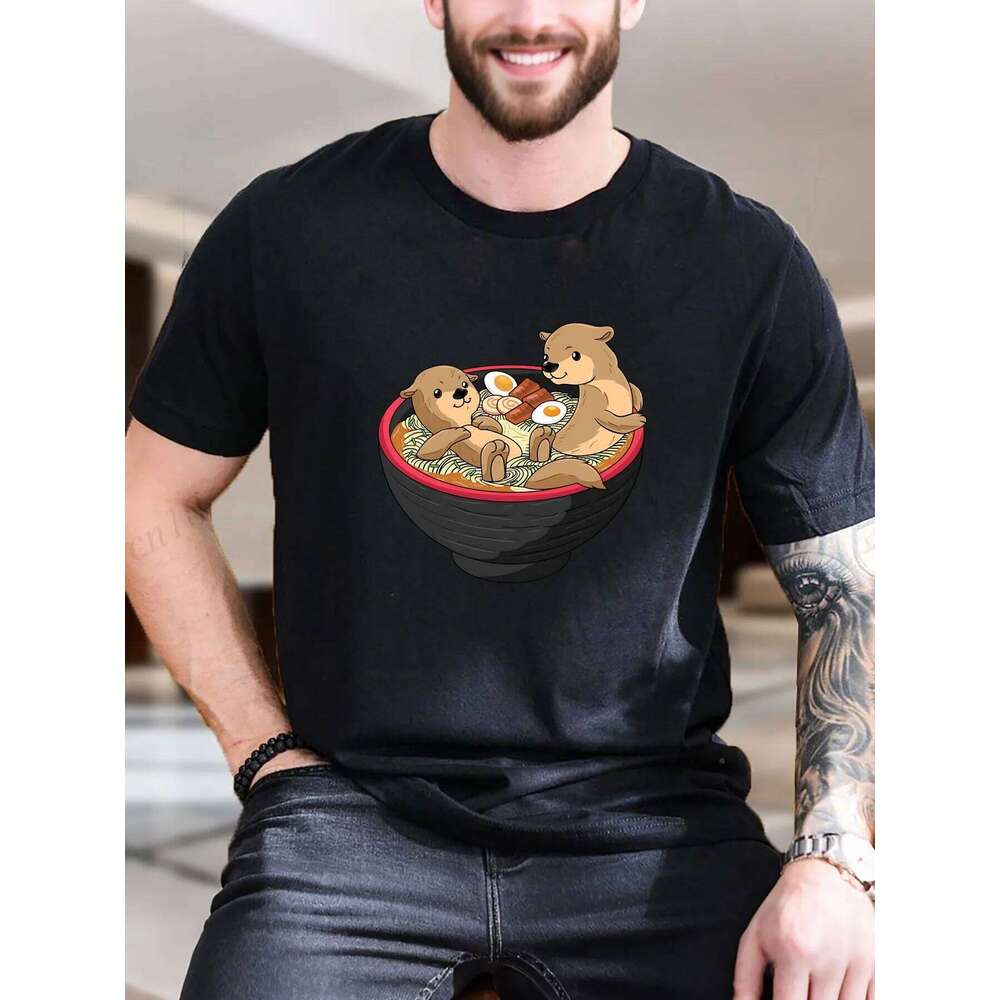 New Arrival Fashion Men's Graphic Print T-Shirt Adorable Eating Noodles Design 100% Cotton Breathable Casual Versatile Ult X260209