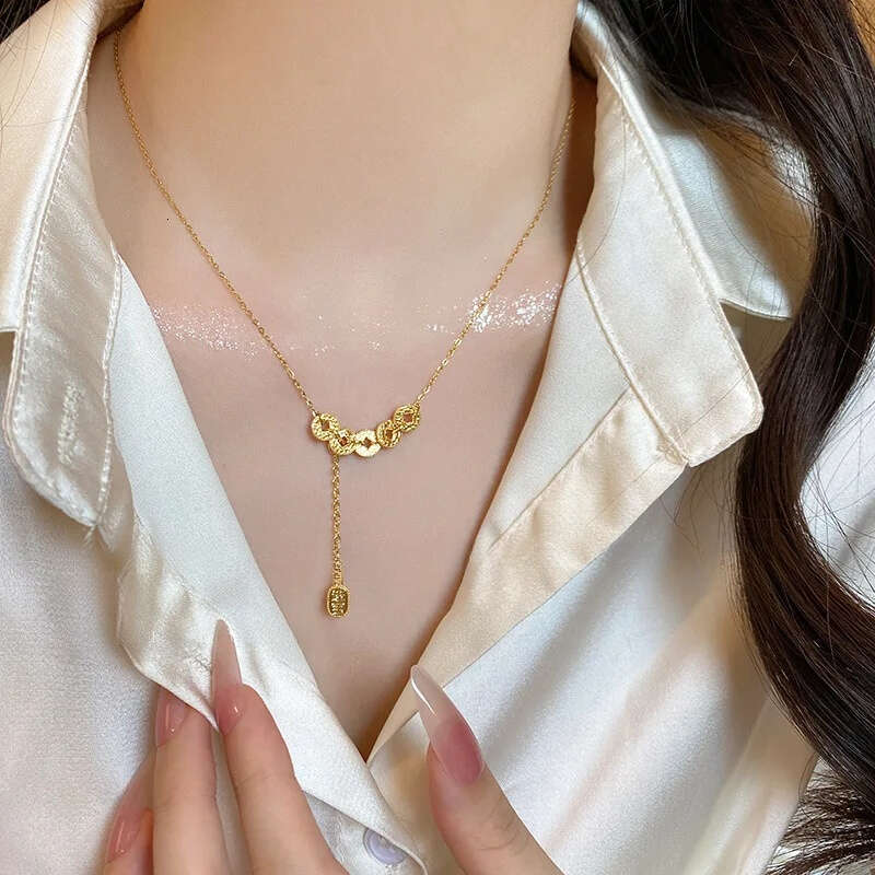 Necklace Gold Plated Crushed Ice Five Emperors Coin Chinese Retro Clavicle Chain Light Luxury Niche for Wedding Cultural Festival Gift High Quality Te