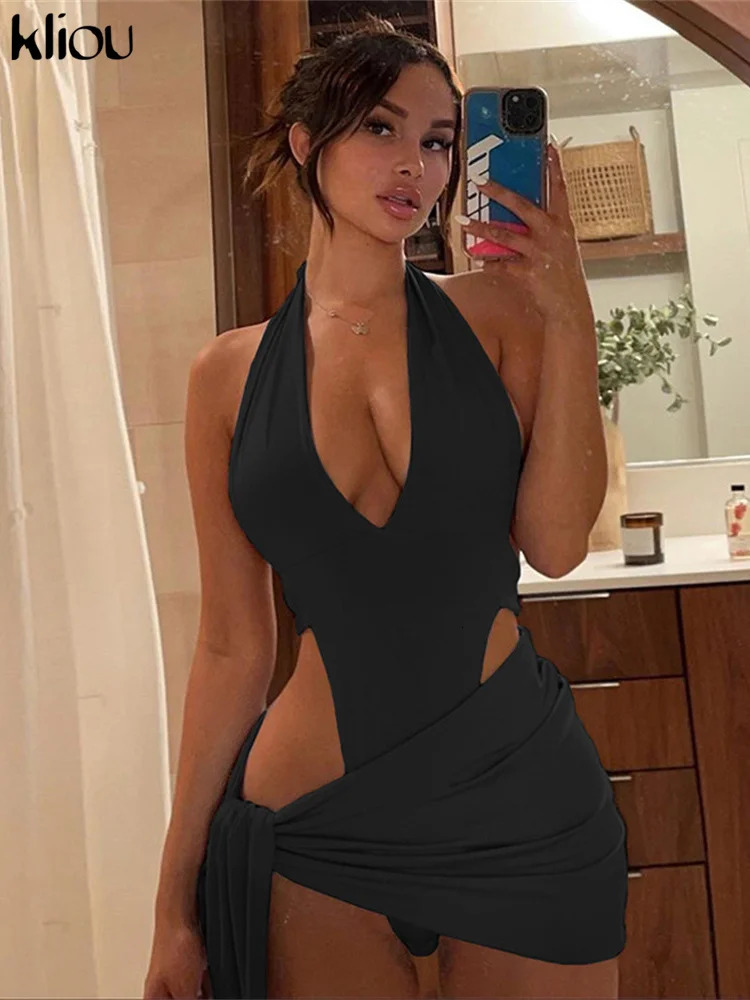 Kliou Solid Deep V sexy Two Piece Sets Midnight Club Halter Top And Skirt Backless Summer Partywear Hollow Out Ruched Women Set 260208