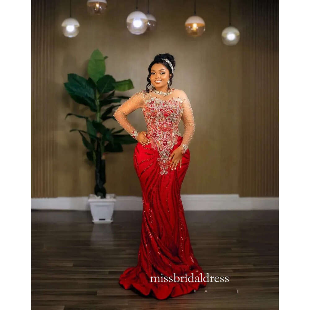 Red Mermaid Prom Dresses 2026 Beaded Lace Full Sleeves Sparkly Evening Formal Party Gowns Plus Size Robe De Soiree Mariee Luxe 0209