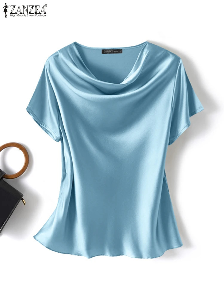 ZANZEA Summer Fashion Satin Blouse Women Short Sleeve Solid Shirt Female Casual OL Work Tunic Tops Elegant Loose Blsuas Oversize 250203