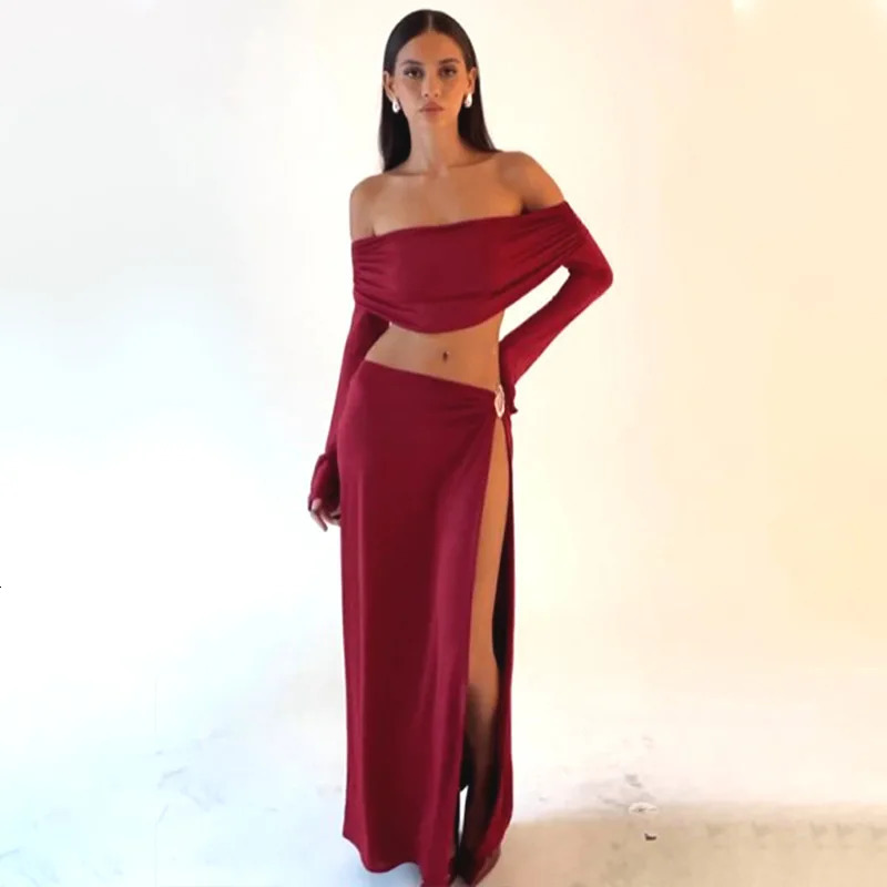 Womens Solid Beach Skirt Sets Sexy High Split Slim Bohemian Outfits Off The Shoulder Holiday Fashion 2 Piece Set Beachwear 260208