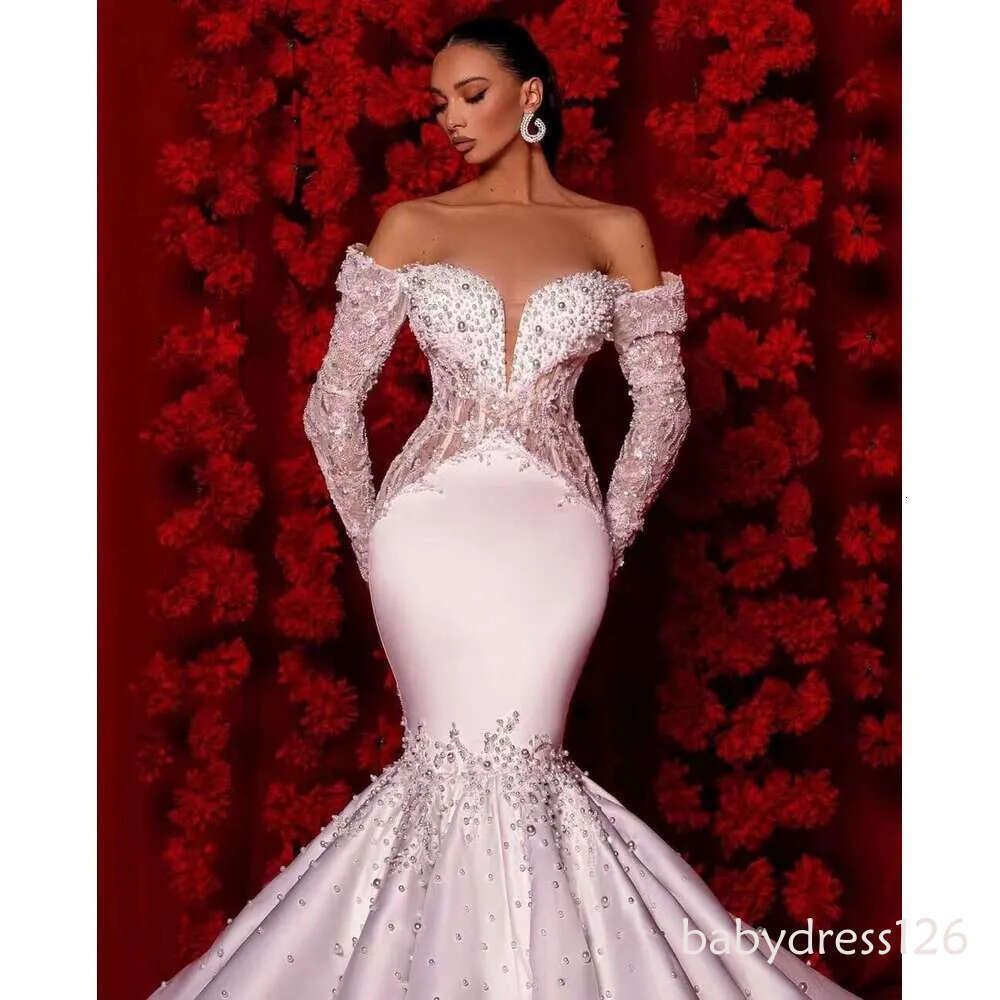 Elegant Sweetheart Formal Dresses For Bride Long Sleeves Mermaid Sweep Train Lace Appliques Bridal Gowns Custom Robe De