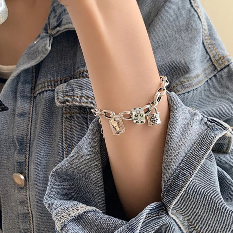 ANENJERY Vintage Star Lock Letter Tag Thick Chain Bracelet for Women Hip-hop Party Couple Jewelry pulseras mujer 260128