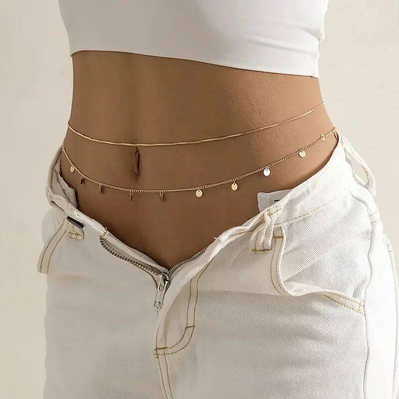 2pcs Round Coin Shape Tassel Pendant Thin Waist Simple Boho Double Layers Body Chain Summer Beach Jewelry Gifts 2024 New X260209