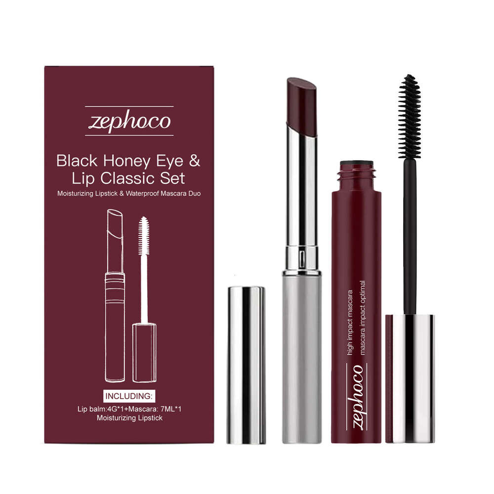 Zephoco Black Honey Eye and Lip Classic Set Brown Curling Mascara Moisturizing Silky Lipstick Natural Color