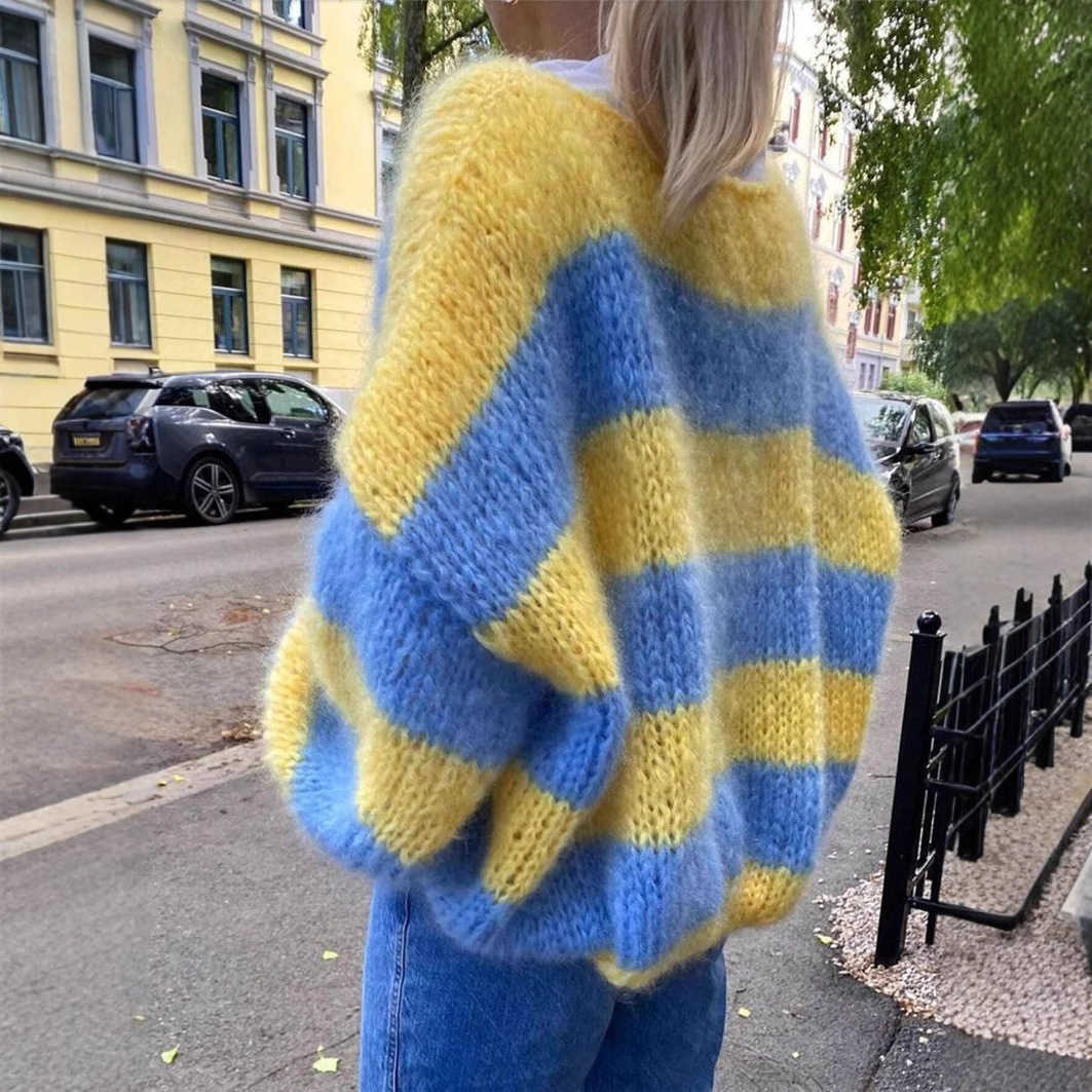 Fall/Winter New Arrival Crew Neck Pullover Sweater Loose-Fit Gradient Striped Contrast Color Top