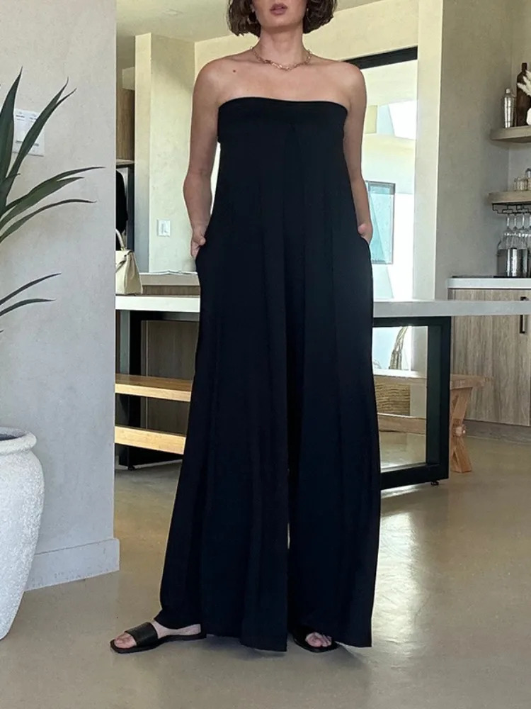 Yeezzi Womens Solid Color Hollow Backless Tube Jumpsuits Loose Sleeveless Pockets Wide Leg Summer Casual OnePiece Pants 260126