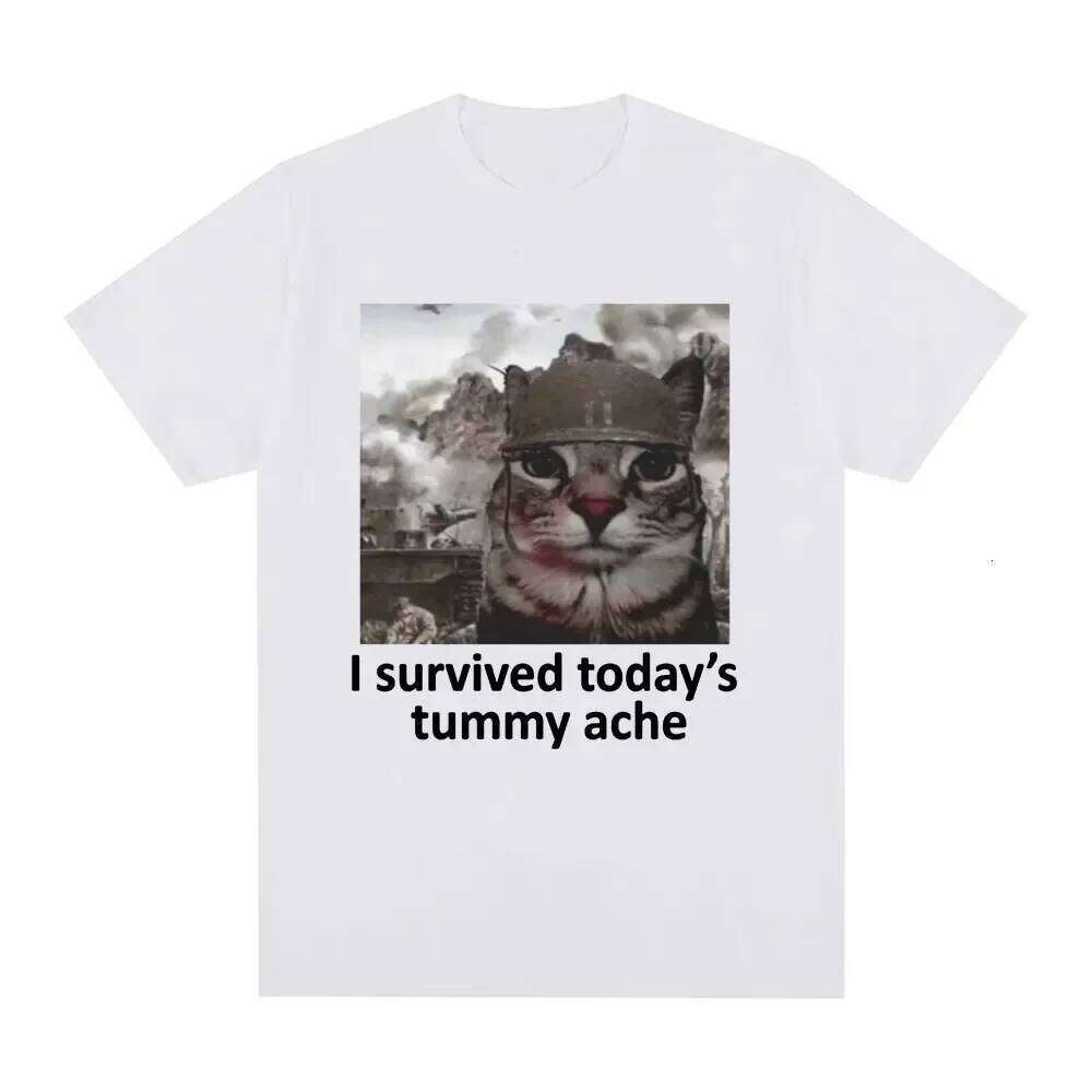 I Survived Today's Tummy Ache T-Shirt Funny Cat Meme Short Sleeve Shirt Men Women Cotton Casual Oversized T Shirts Streetwear X260209