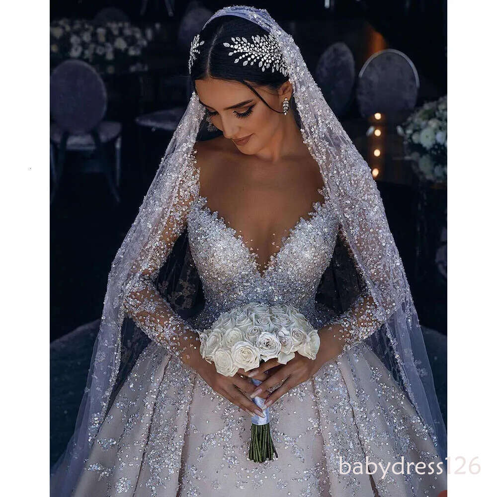 Exquisite V-Neck Wedding Sequins Beaded Lace Long Sleeve Princess Bride Dress Custom Made Ball Gowns Vestidos De Novia