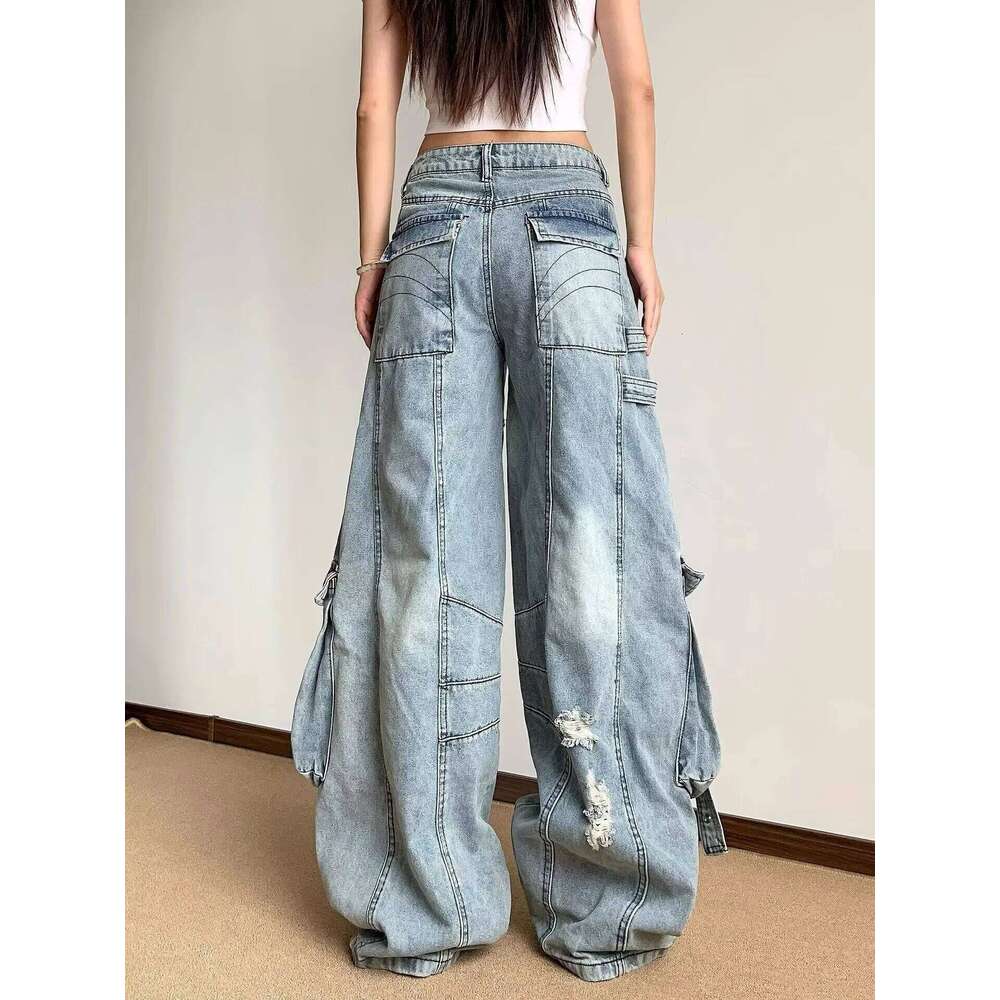 Fashion Women's Multiple Pockets Jeans Denim Cargo Wide Leg Pants Streetwear Vintage Harajuku 90s Y2k Oversize Trouser
