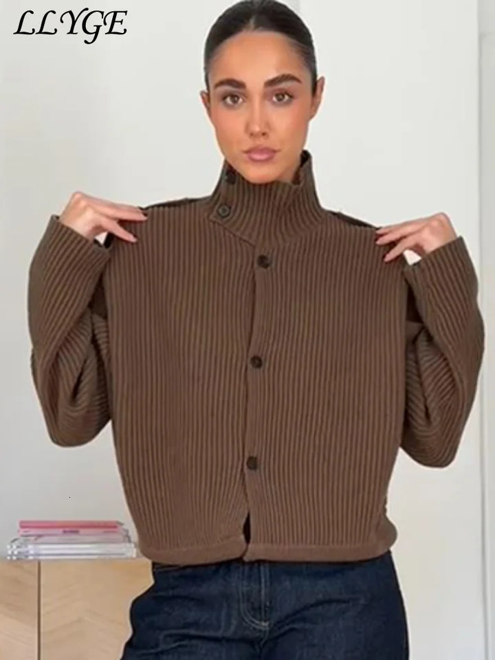 Casual Womens Knit Ribbed Cardigans Stand Collar Single Breasted Long Sleeve Female Sweater 2026 Spring Lady Chic Knitwear 260122