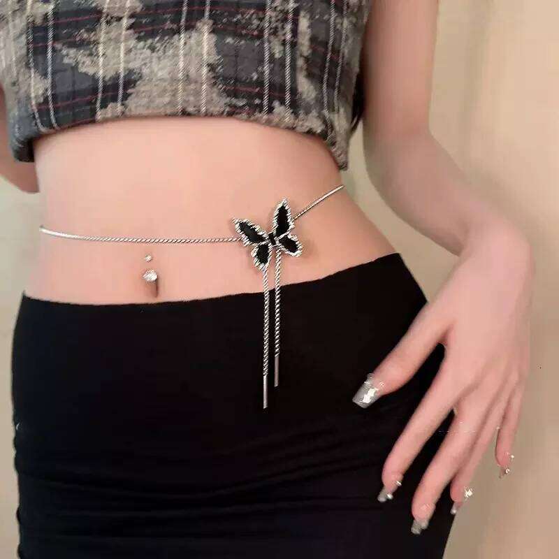 Liquid Metal Butterfly Rose Flower Waist Adjustable Silver Color Pendant Snake Bones Body Chain Punk Hiphop Jewelry X260209