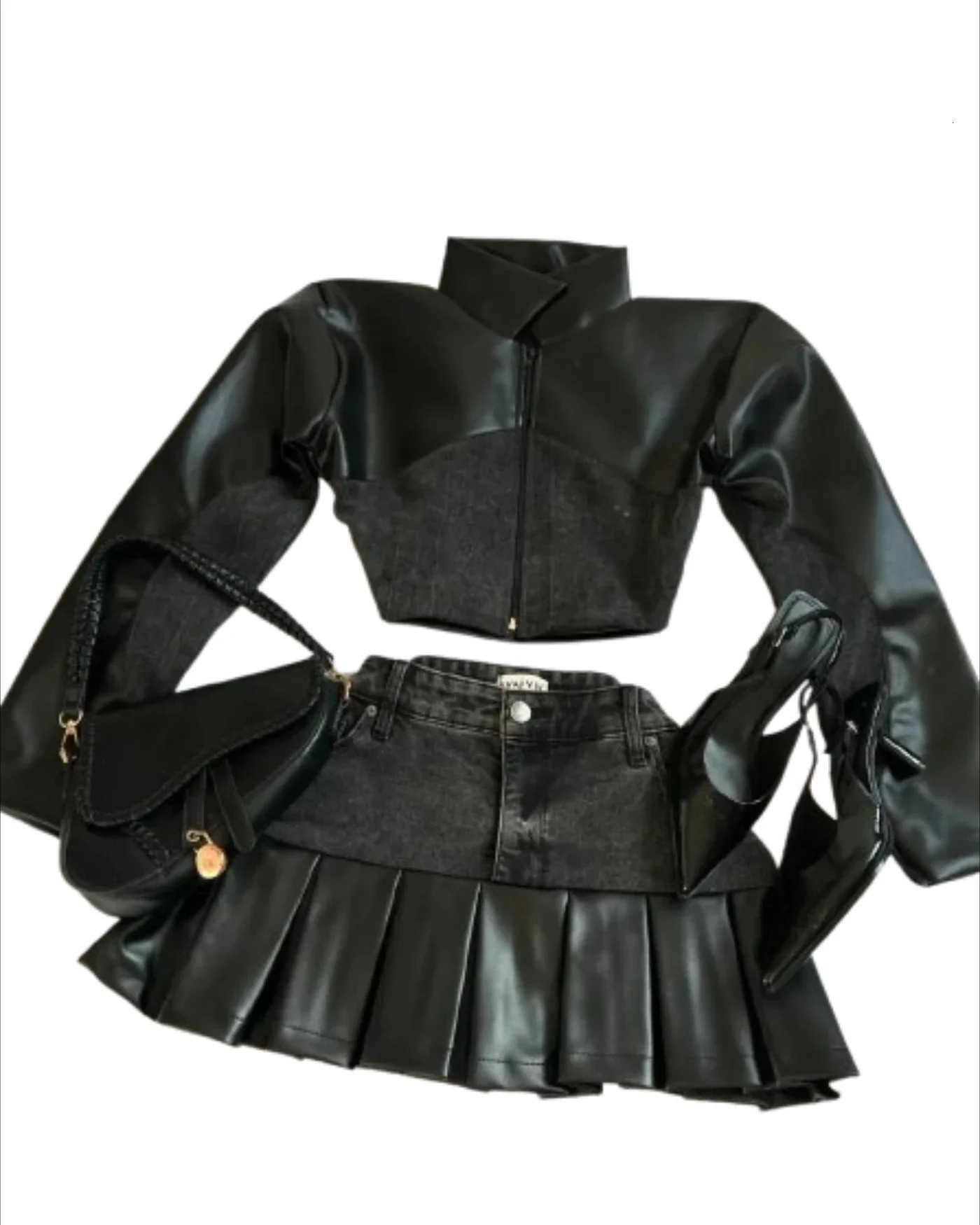 Y2K Black Leather Spliced Denim Two Piece Set Women Harajuku Zipper Long Sleeved Jacket Sexy Pleated Skirt Motorcycle Suit 260122