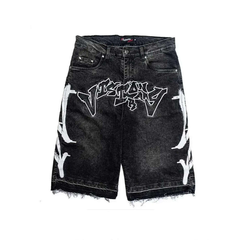 Free Shipping Men's Distressed Denim Short Rhinestone Graffiti Print Retro Hip Hop Street wear Baggy Short Pants Summer Jorts Daily Outfit